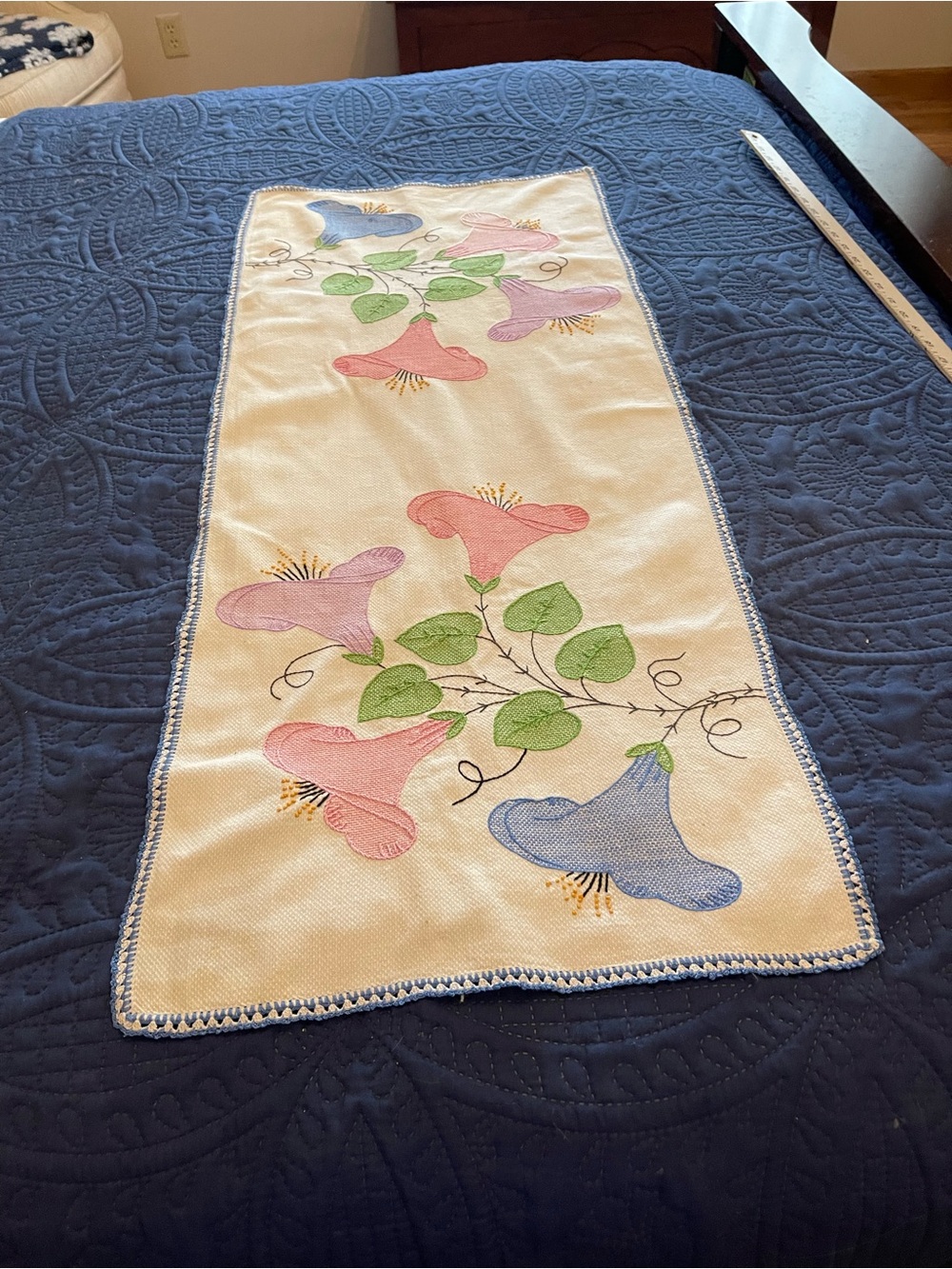 Hand-Embroidered Floral Table Runner in Pink, Blue and Green